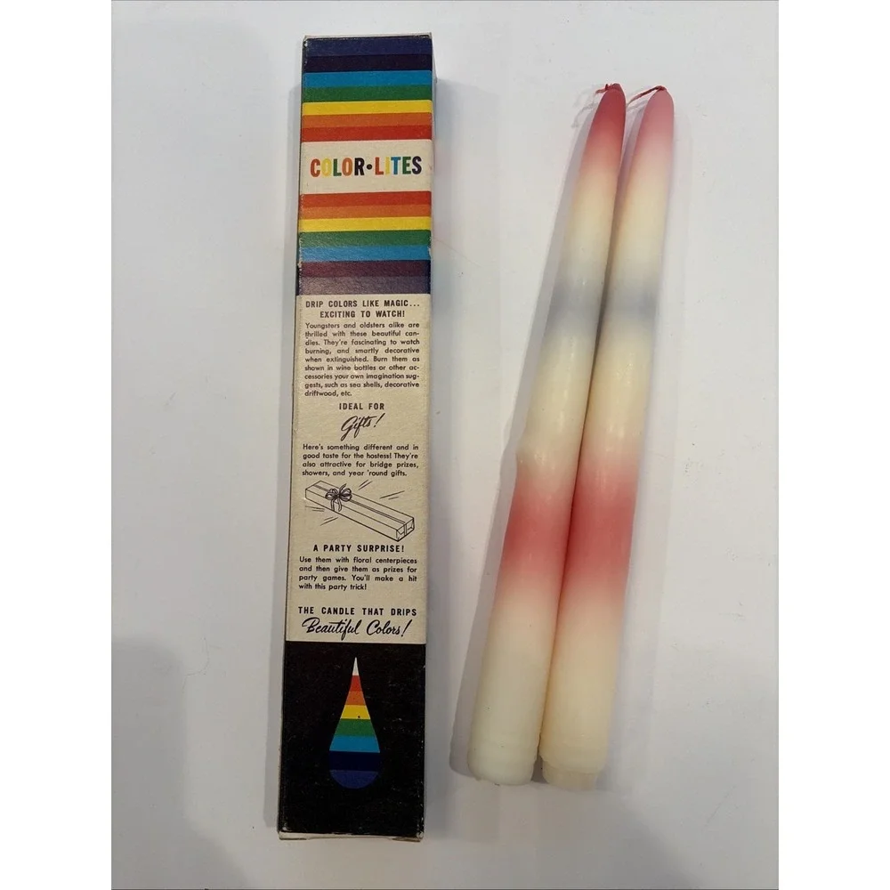 Set of 2 Vintage Color-Lites Wax Beautiful Color Drip Taper‎ Candles with Box